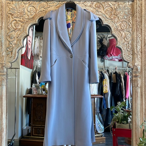 Blue crepe wool double breasted shawl collar long coat with bright lining - Picture 3 of 16